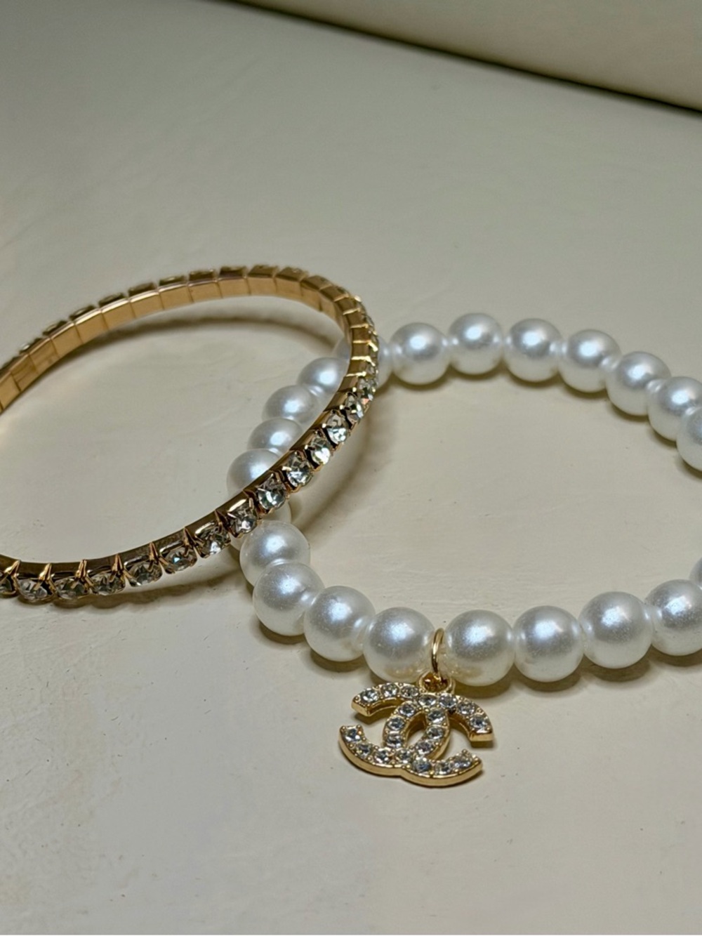 Set-CC Gold Pearl Bracelet with Crystal tennis bracelet - Luxury Women Jewelry